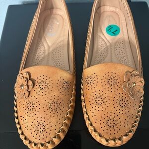 Aviana Tan Floral Perforated Slip-On Loafers